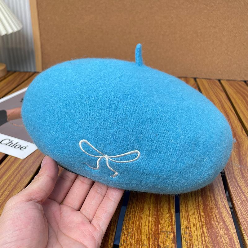 Autumn and Winter Cute Bow Embroidered Woolen Beret Simple and Versatile Japanese Style Sweet Style Painter Hat