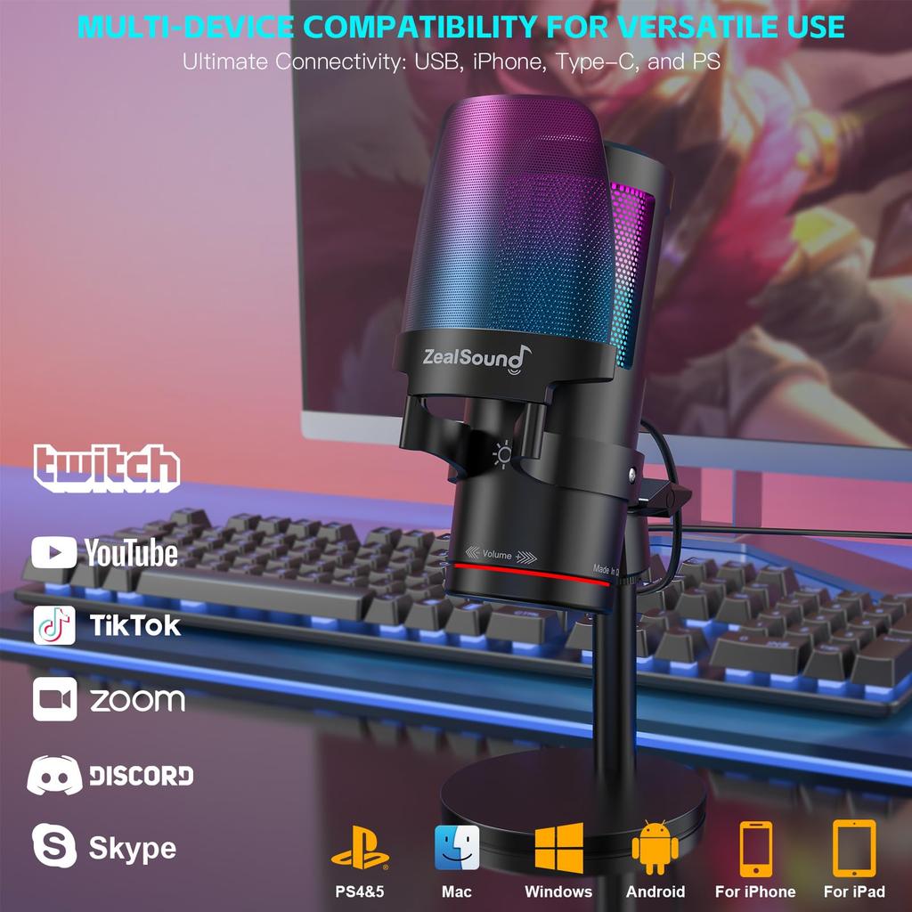Zealsound USB Gaming Microphone Phone Microphone, Condenser Microphone with Mute Button, Cardioid Polar Pattern, RGB Lighting, Plug & Play, for PC,