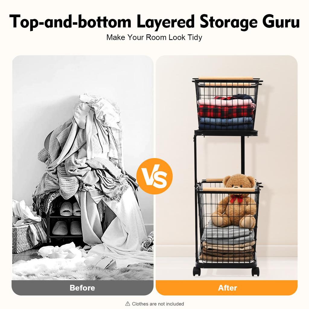 2-Tier Laundry Hamper Cart with Wheels, Heavy-Duty Iron Frame Storage Organizer Basket for Clothes Toys, Modern Black