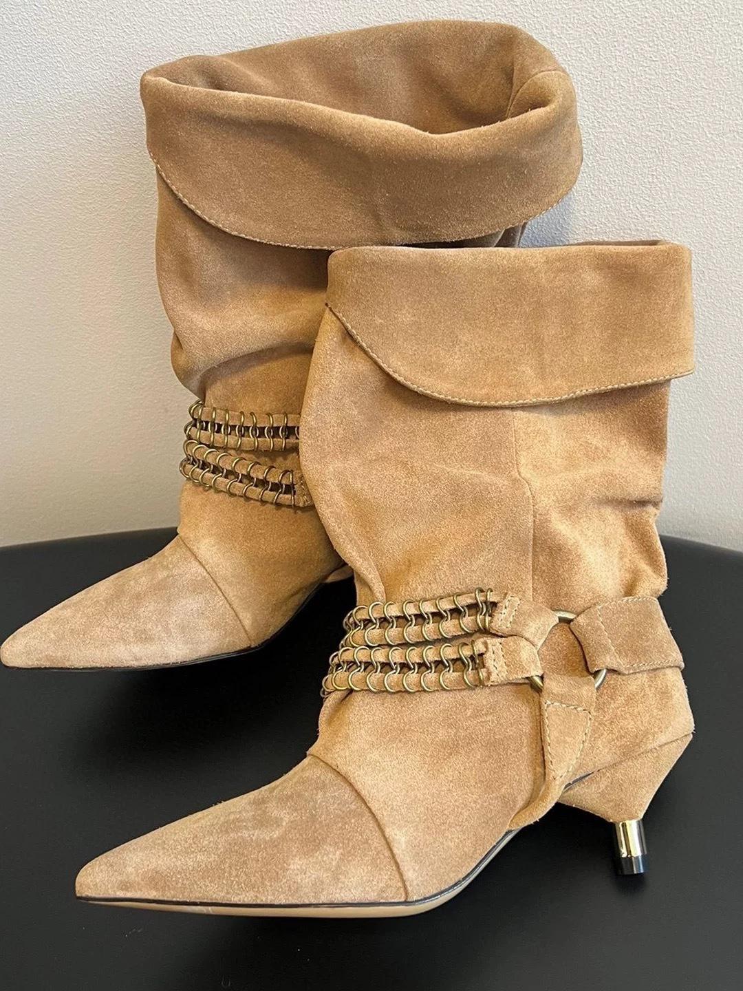 

Версия из овчины~ Французские нишевые ботильоны с острым носком и коротким каблуком в стиле вестерн ковбойские женские ботильоны средней высоты с отворотом 40 абрикосовый