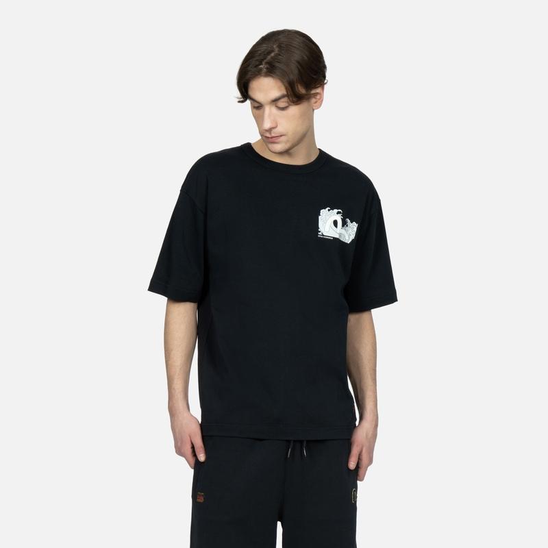 Evisu Seagull Wave Wash Distressed Print Crew Neck Pullover T-Shirt Men Tops Black 2ESHTM3TS574RXCT