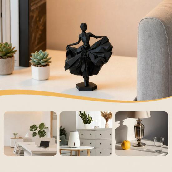 Geometric Faceted Dancer Figurine, 3D Printed Black Ballet Dancer Statue, Modern Ballerina Sculpture for Home Shelf Table Decor