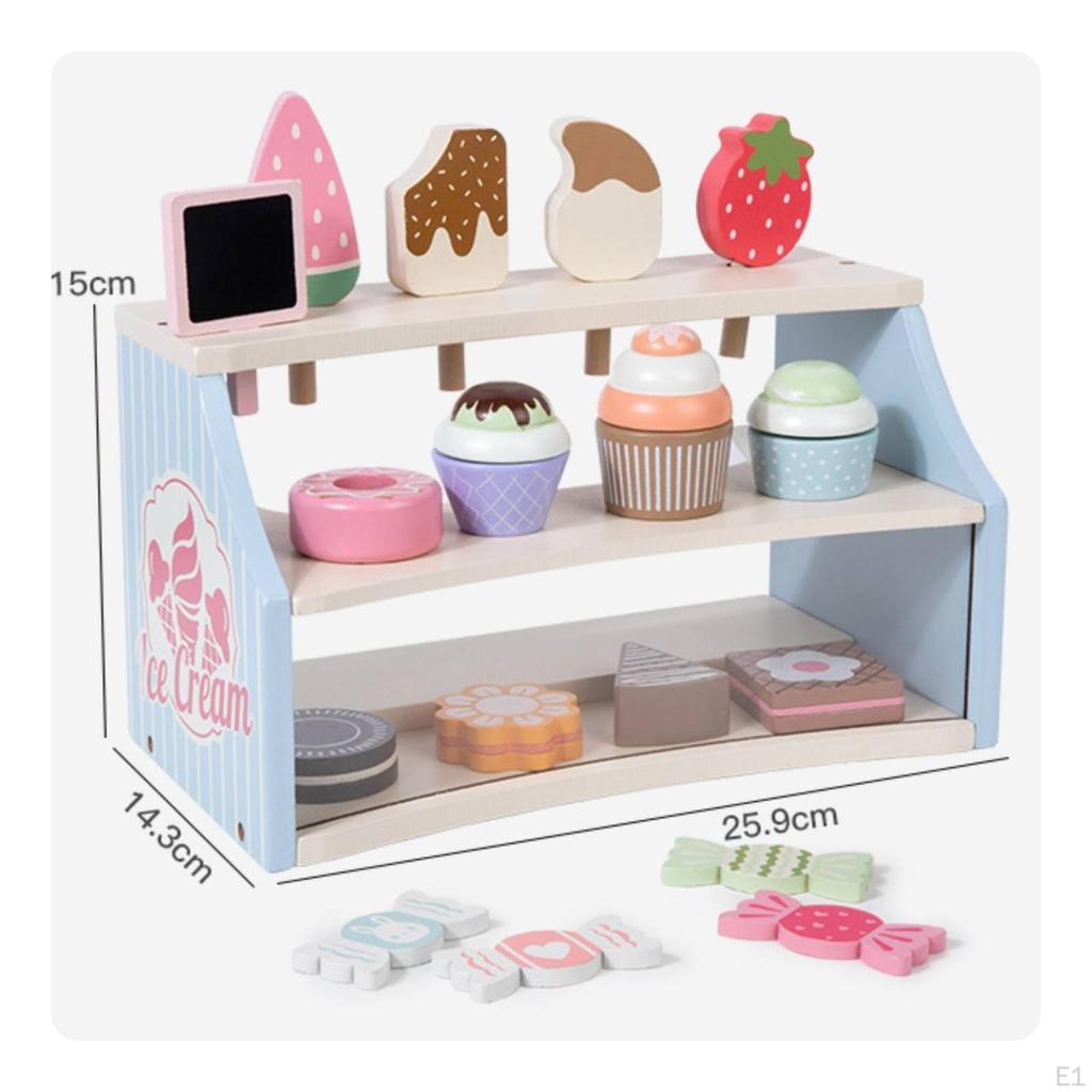 Wooden Dessert Shelf ThreeTier Pretend Accessible Front Tea Party Play Set for