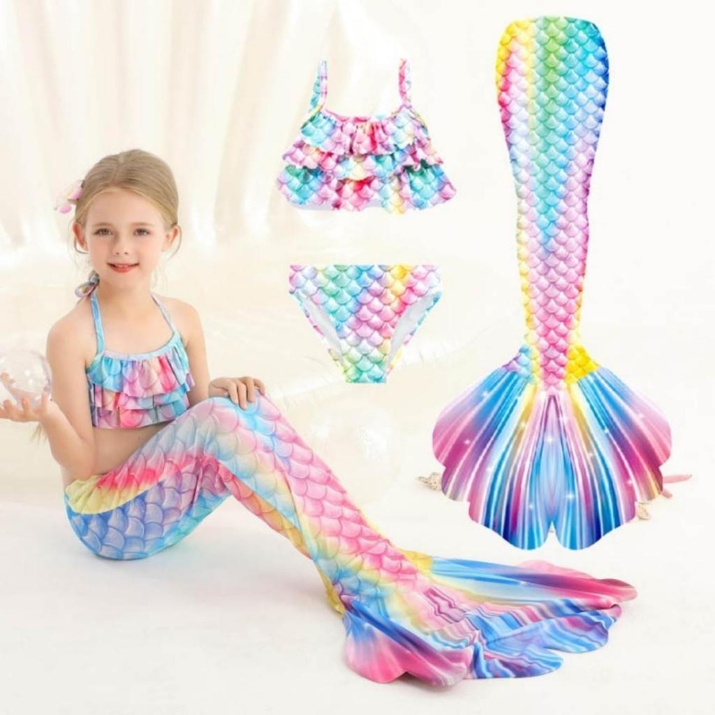 3Pcs Girls Mermaid Tail Swimsuit Children Memaid Swimwear Bikini Bathing Suit Halloween Costume Princess Beach Party Clothing