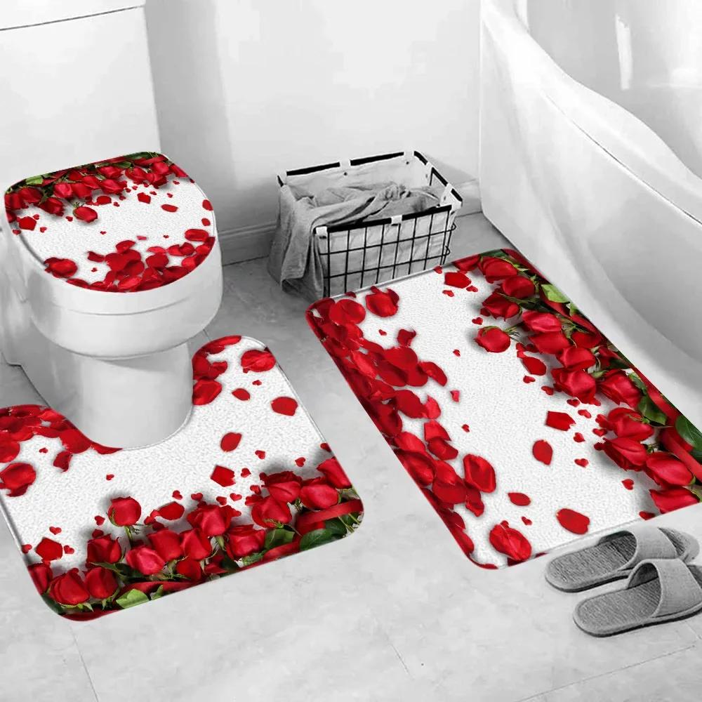 Red Rose Flower Bath Mat Set Fresh Florals Fields and Garden Plant Non-slip Toilet Lid Foot Rug Floor Mat Bathroom Accessory Set