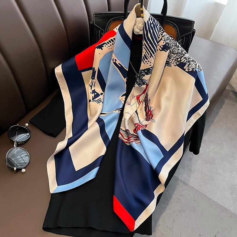 90×90Cm Women Twill Imitation Silk Printed Horse Pattern Retro Large Square Scarf Multifunctional Scarf