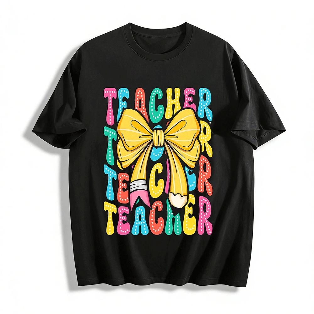 Polka Dot Teacher Pencil Bow Print Casual Top Pure cotton T-shirt XXS