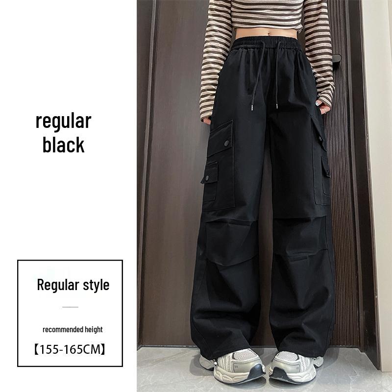 Damen High-Waist Retro Washed Baumwolle Cargohose, Lockeres Gerades Bein, Bodenlang, Aufgeschlagener Weiter Beinabschluss, Frühling Schlankmachender Stil.