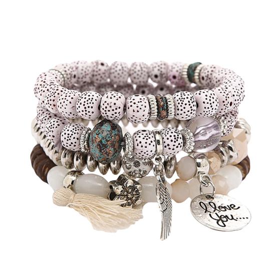 

Bohemian Women Tassel Wing Disc Charm Natural Stone Beaded Multilayer Bracelet бежевый