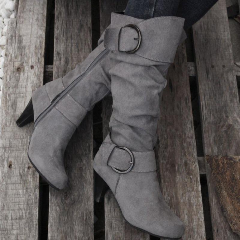 Women's Suede Mid-Calf Boots, Buckle Detail High Heel Ankle Boots, European Style Winter Booties for Women