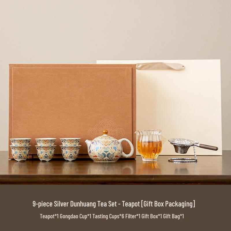 Dunhuang Silver-Inlaid High-End Retro Kung Fu Tea Set: Light Luxury Chinese-Style Tea Brewing and Drinking Gift Box