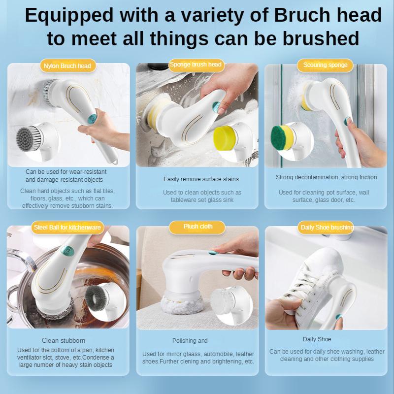 Electric Cleaning Brush 5 Brush Heads Cleaner Multifunctional Cleaning Pots and Dishes Kitchen Bathroom Bathtub Glass