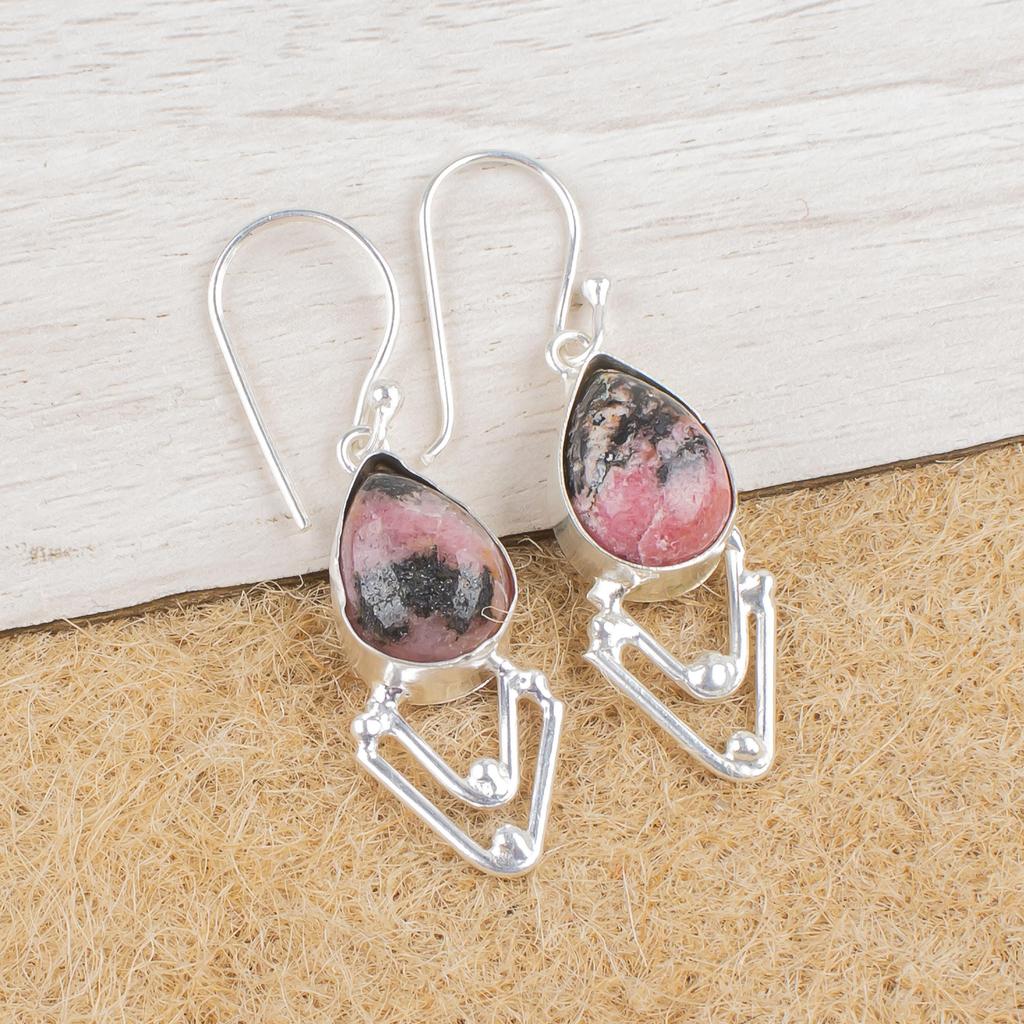 Kolczyki z czarnego rodonitu ze srebra próby 925, ręcznie robiona biżuteria z kamieniami szlachetnymi, prezenty dla żony nowe kolczyki