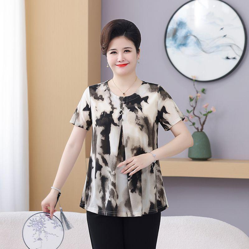 Mom's Short Sleeve Middle-aged and Elderly Summer New Style Plus Size T-shirt Oversized Top Loose Versatile Blouse