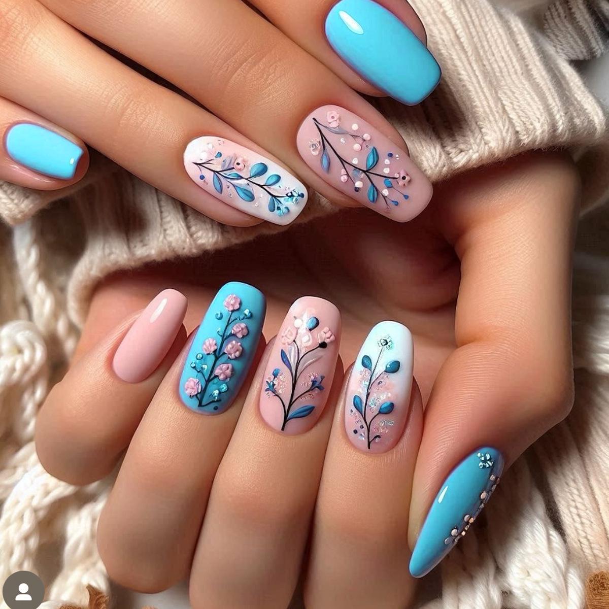 

Blue-Pink Gradient Press-On Nails with White Flower Design