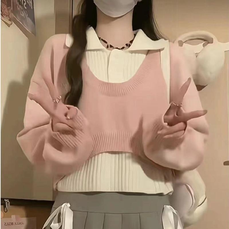 Vintage Two-piece Sweater Women's Japanese Autumn Winter Lapel Long Sleeved Sweaters Preppy Style Knitted Solid Tops