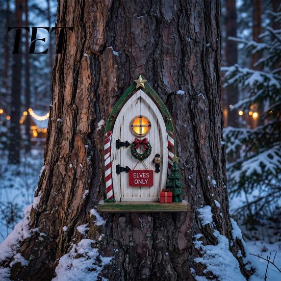Holiday Home Ornaments Christmas Fairy Door Wall Decoration, Solid Wood with Adhesive Backing Design, Tree Decorations Miniature Tiny for Trunks