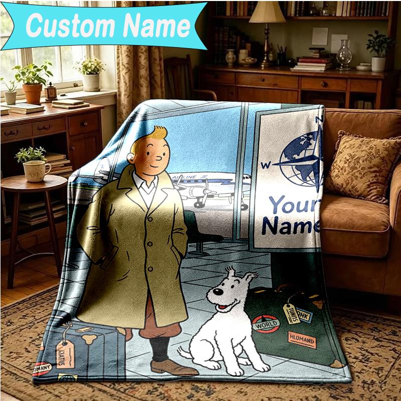 1PC Custom Name Blanket Tintin's Adventure City Flannel blankets Patterns Throw Blanket All-Season Soft Gift for Couch, Bed, Camping, Birthday gifts