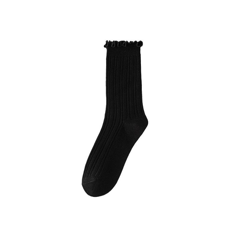 Boneless Socks, Women's Summer Breathable Cotton Socks, Solid Color Mid-calf Socks, Black Fungus Lace, Spring and Autumn Pile Socks
