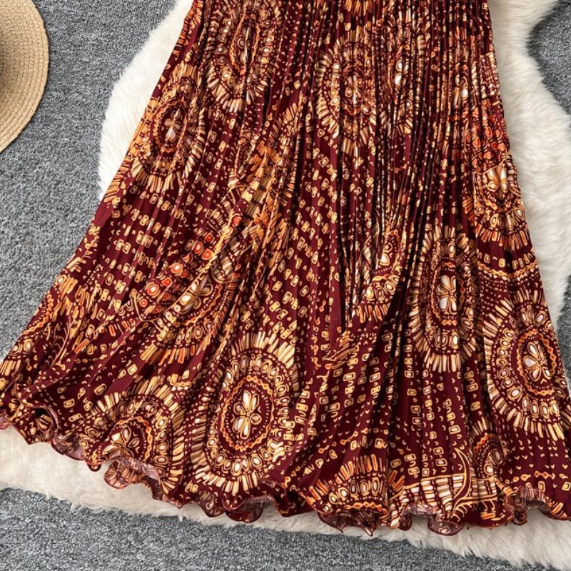 Spring Summer Women Elegant Print Elastic Waist Long Maxi Holiday Beach Pleated Skirt Only Have One Size