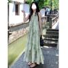 New Chinese style national style buckle green neck dress women's summer new sleeveless loose coffee break long skirt
