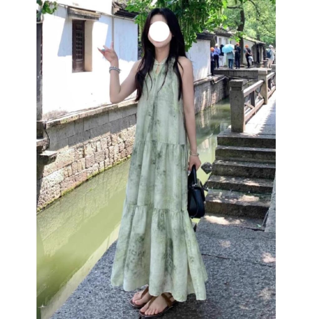 New Chinese style national style buckle green neck dress women's summer new sleeveless loose coffee break long skirt
