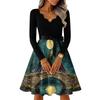 Women's V-Neck Long Sleeve Vintage Halloween Print Dress for Casual Everyday Wear