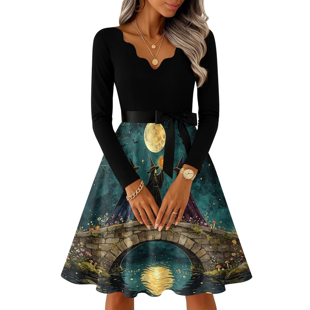 Women's V-Neck Long Sleeve Vintage Halloween Print Dress for Casual Everyday Wear