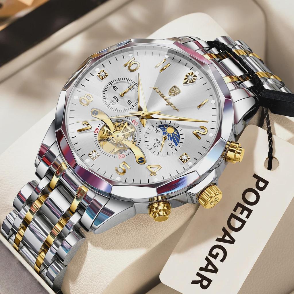 POEDAGAR Exquisite Business Men Watch Waterproof Luminous Chronograph Luxury Man Watches Stainless Steel Men's Quartz Wristwatch