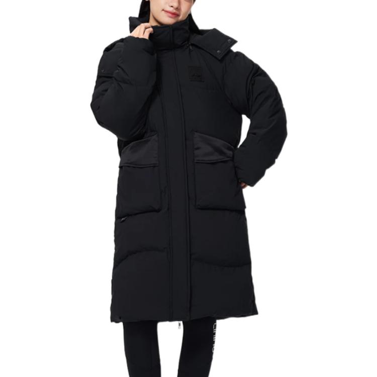 Li Ning Sports Trend Series Solid Color Logo Embroidered Hidden Zipper Hooded Long Down Jacket Women Outerwear Black AYMS074-3