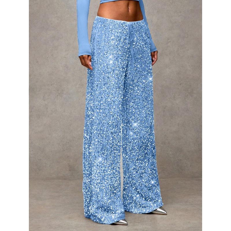 Neue Mode Glitzernde Kordelzug Schlankmachende Elastische Lange Lockere Hose Ohne Taschen XXL himmelblaue