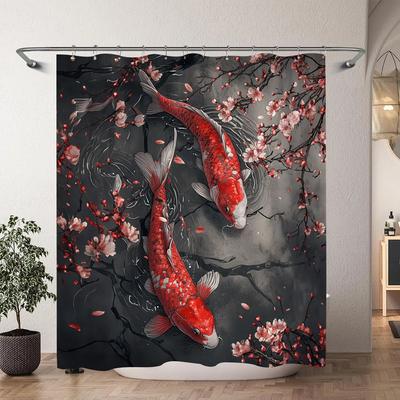 Cortina de Ducha Pintura de Tinta Koi Chino Japonés Flor de Cerezo Roja Ola Pez Pintura Acuarela Cortinas de Baño Decoración de Baño