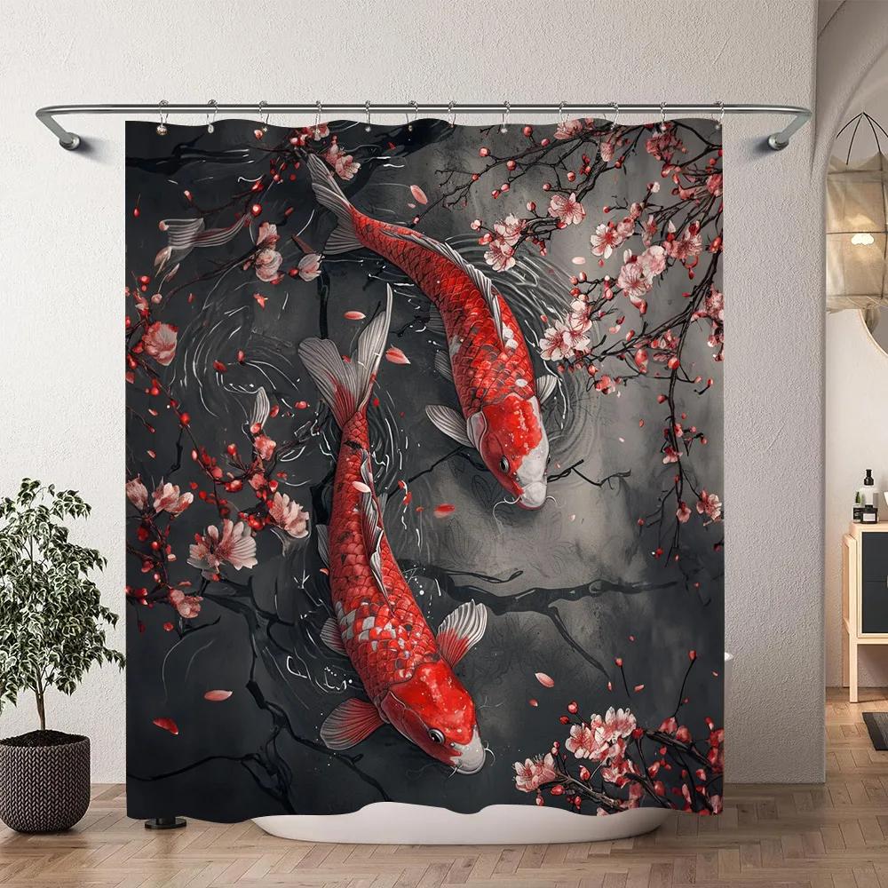 Chinese Japanese Koi Ink Painting Shower Curtain Red Cherry Blossom Wave Fish Watercolour Painting Bath Curtains Bathroom Decor
