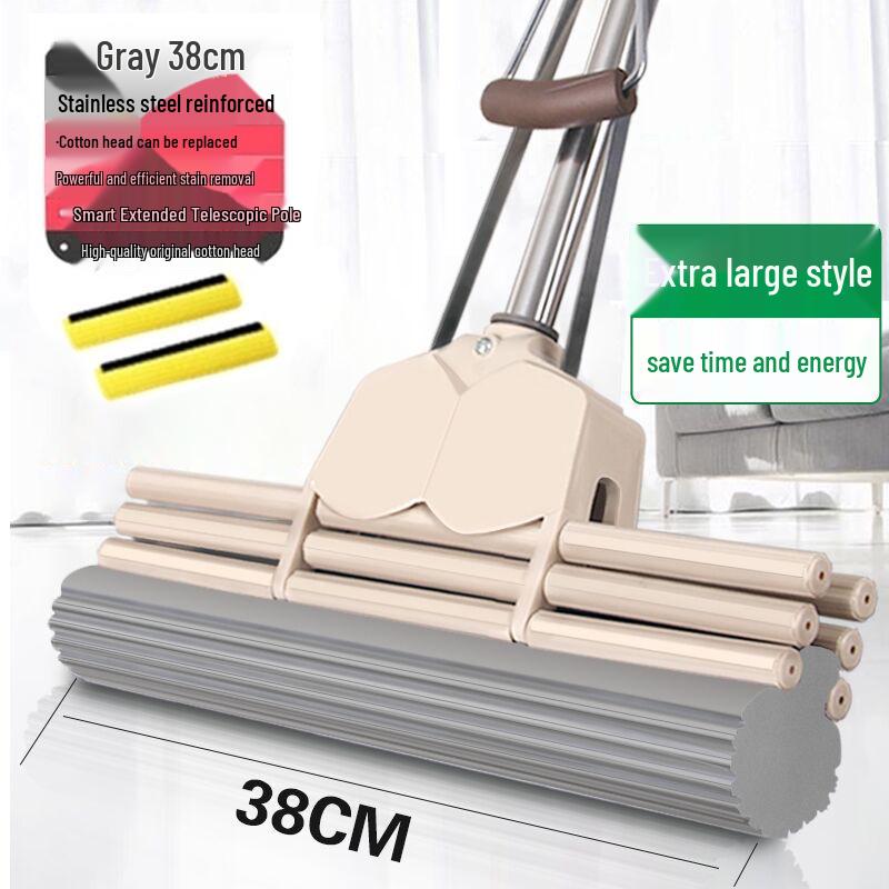Large Absorbent Sponge Mop with Stainless Steel Handle - No-Hand-Wash Design