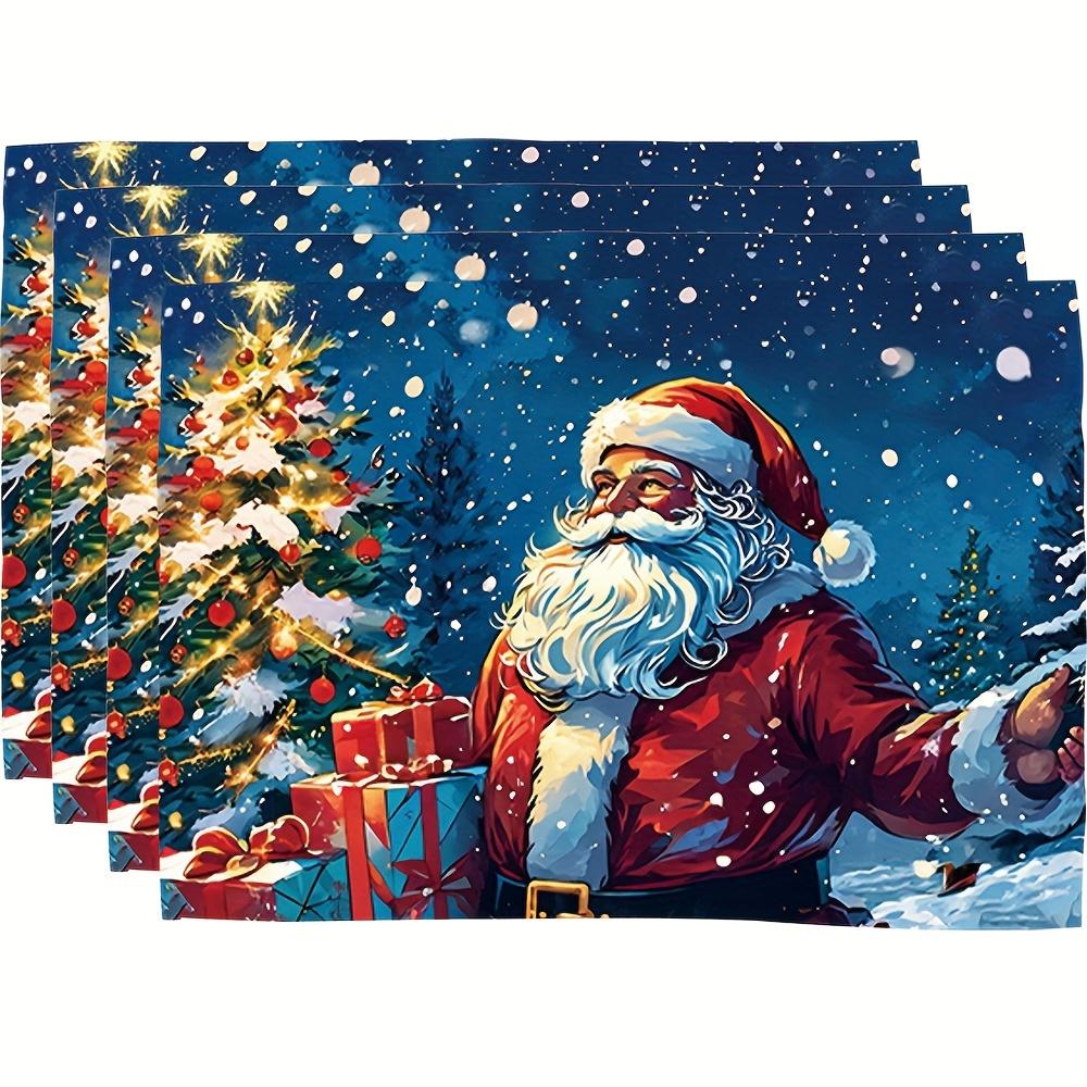 Collection of 4 Santa Claus Table Mats - Square Polyester Mats, Washable in Machine, Festive Holiday Farmhouse Decoration, Vintage Room Decor