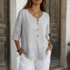 2026 Cotton Linen Three-Quarter Sleeve Button-Down Casual Loose Top Solid Color Shirt