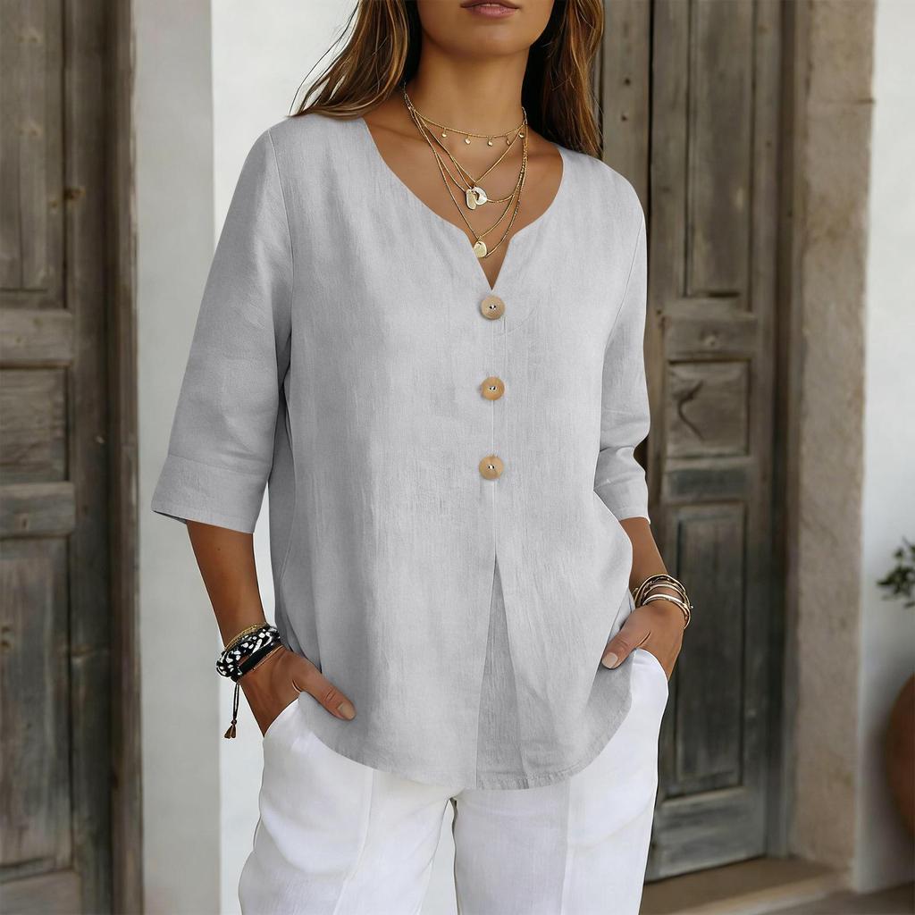2026 Cotton Linen Three-Quarter Sleeve Button-Down Casual Loose Top Solid Color Shirt
