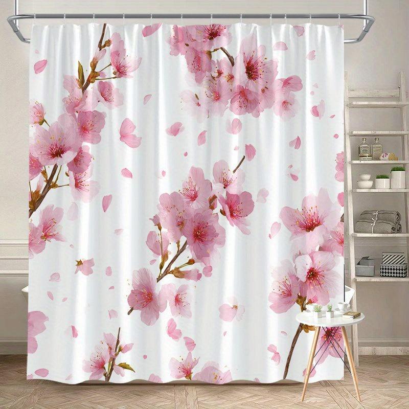 1pc Elegant Cherry Blossom Shower Curtain - Pink floral pattern on white background, polyester fabric, machine washable