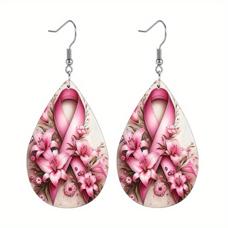 Pink Bow Flower Pattern Print PU Leather Earrings, Leopard Cross Bow Pattern Tears Earrings, Holiday Earrings & Gifts