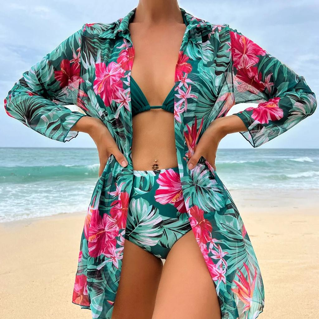Dreiteiliger Bikini mit tropischem Druck für Frauen 2023 Neuer Badeanzug mit hoher Taille zum Überziehen Bademode Brasilianischer Biquini-Badeanzug