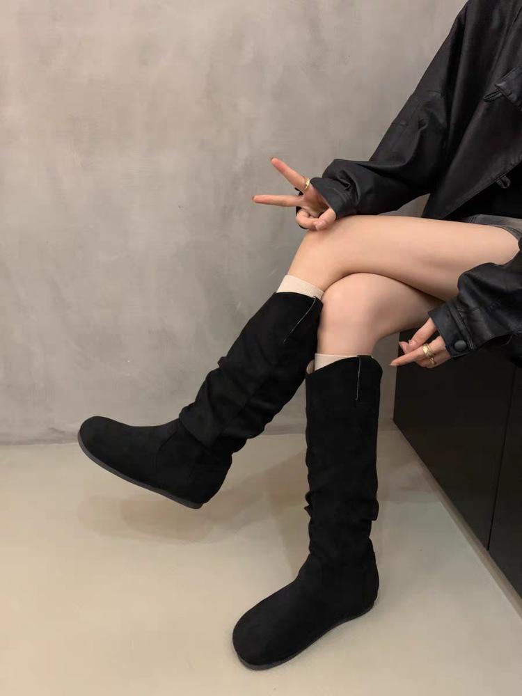 

Pile boots retro niche khaki boots French women s boots autumn and winter thick-soled high boots knight boots western boots 35