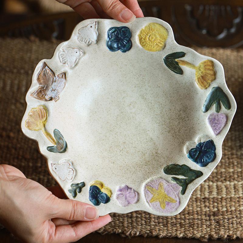 Retro Coarse Pottery Hand-Squeezed Ceramic Tableware Household Creative Japanese Flower Salad Bowl Dessert Plate Plate Combination
