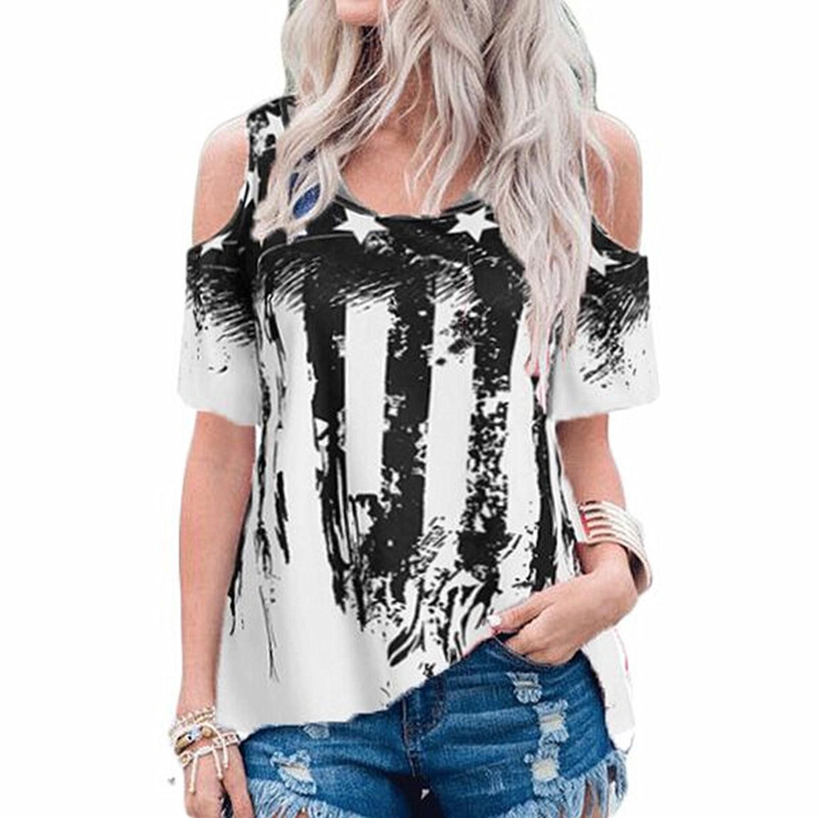 

Womens Fashion Off Shoulder Star American Flag Print Shirt Casual Top Blouse XL чорний