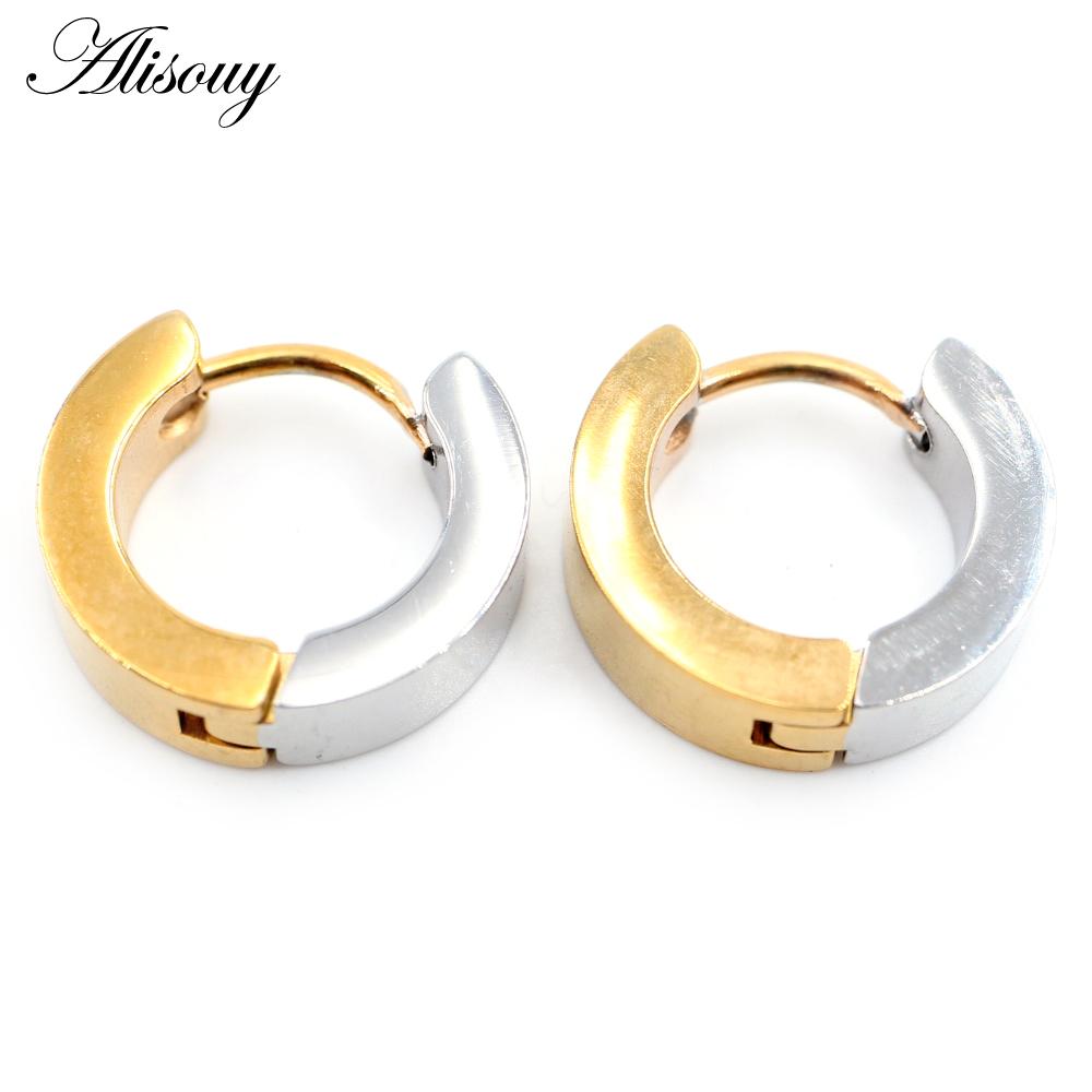 

Alisouy, 2 шт., серьги-кольца в стиле панк, хип-хоп, из нержавеющей стали, в стиле пэчворк, двойной цвет, круглая пряжка для ушей, спиральный зажим, Huggie, женские и мужские серьги-кольца унисекс золотой