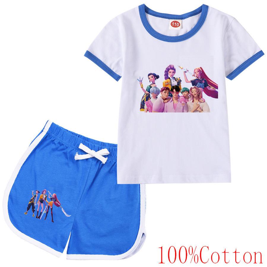 

Kids Girls Anime Cartoon K-Pop Rumi Zoey Mira Printed Casual Short Sleeves T-Shirt Shorts Clothes Set 170cm синий