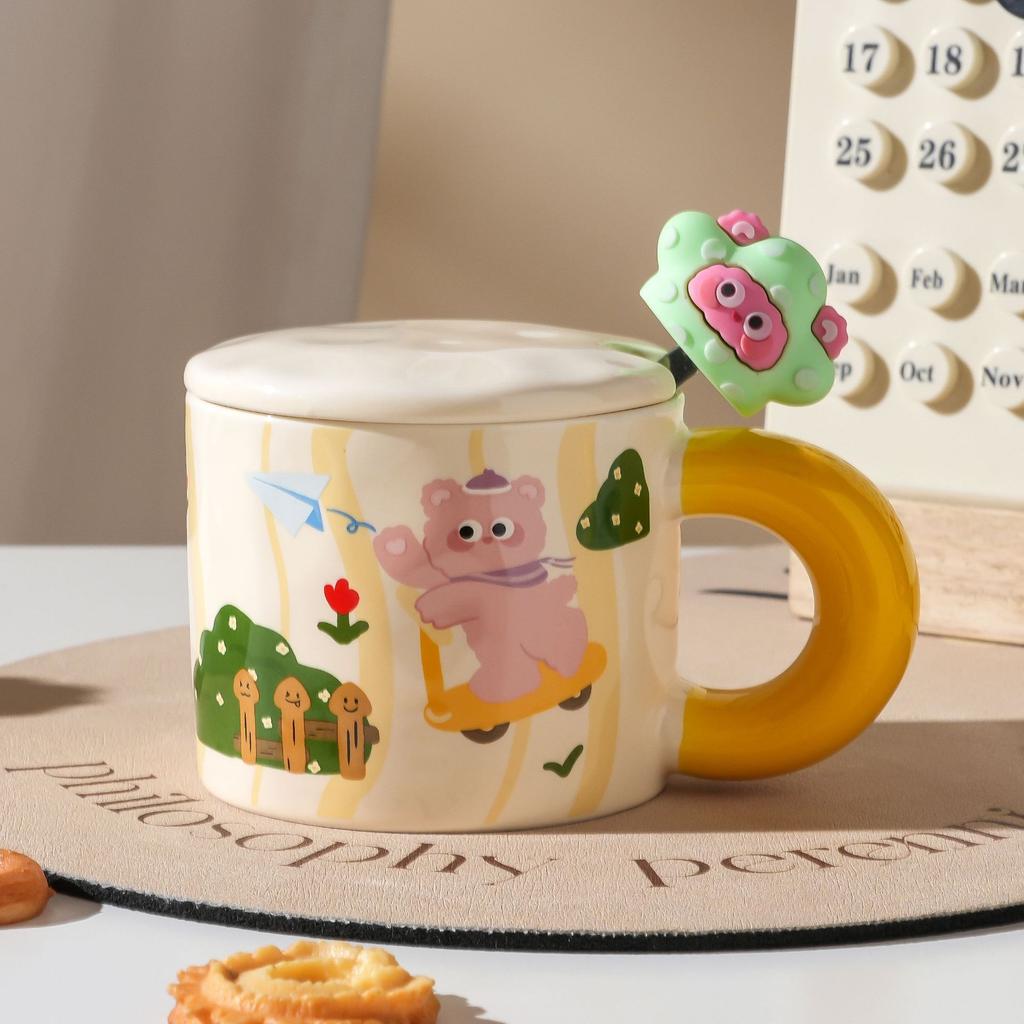 Pastoral Style with Cover Spoon Cartoon Cute Bear Ceramic Cup Simple Ins Style Mug Couple Water Cup Small Gift