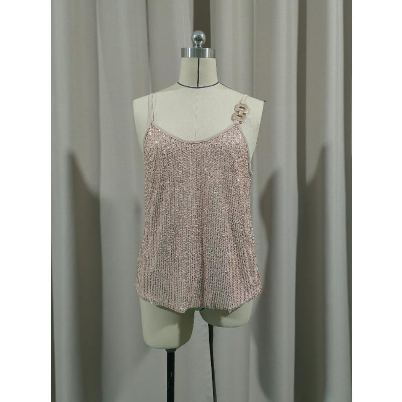 Nuovo Canottiere Gilet con Scollo a V e Paillettes per Donne Sexy Maglia Base Capospalla Senza Maniche Top a Canotta Larghi Moda Dolce Elegante Camicetta