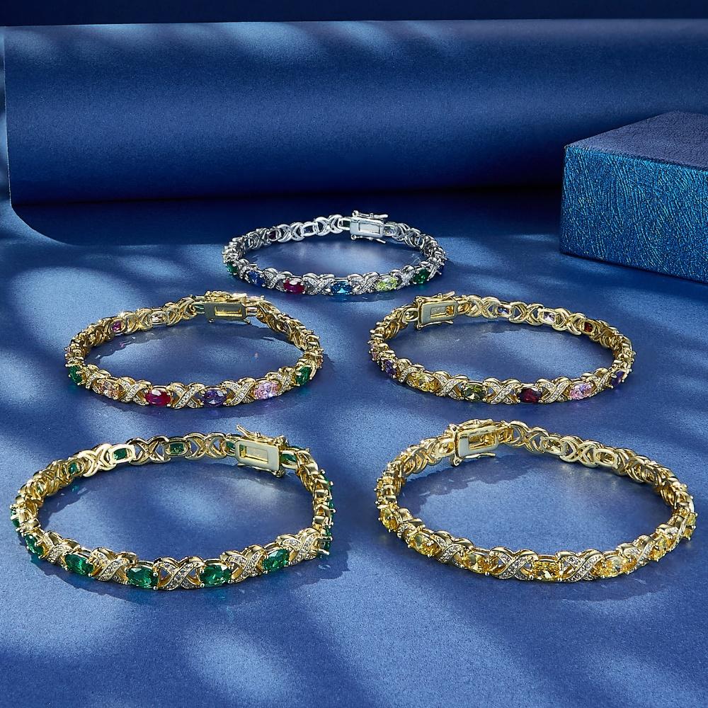 Ins Style Oval Zirkon X Form Multicolor Armbänder Hochzeit 14K Gold Überzogene Kupfer Bunte Zirkonia Armband