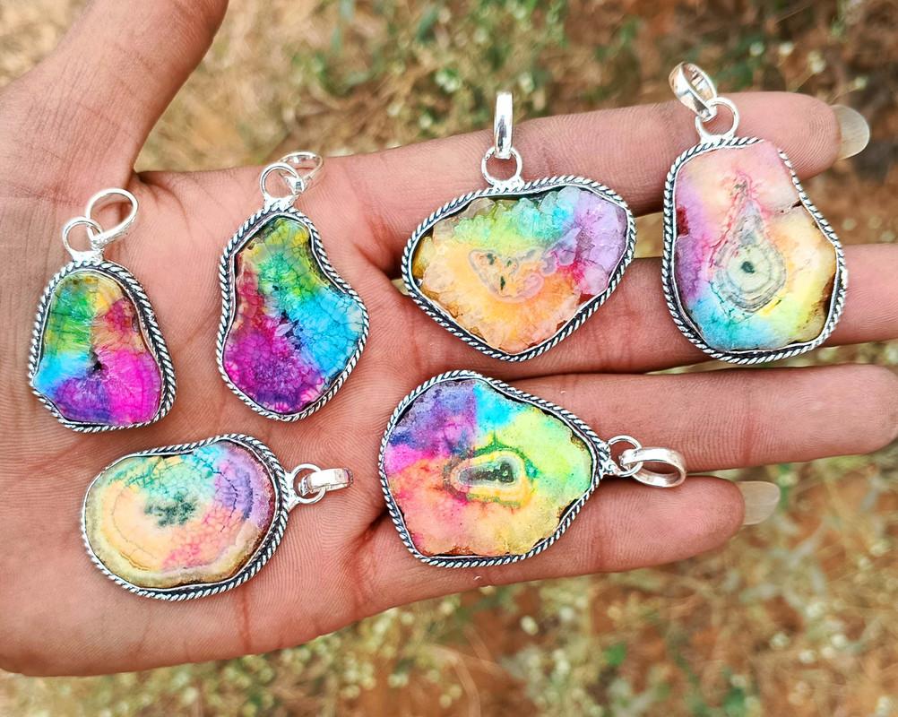 Rainbow Solar Quartz Gemstone 925 Sterling Silver Plated Handmade 5 PCs Fancy Pendants Jewelry SEN-300
