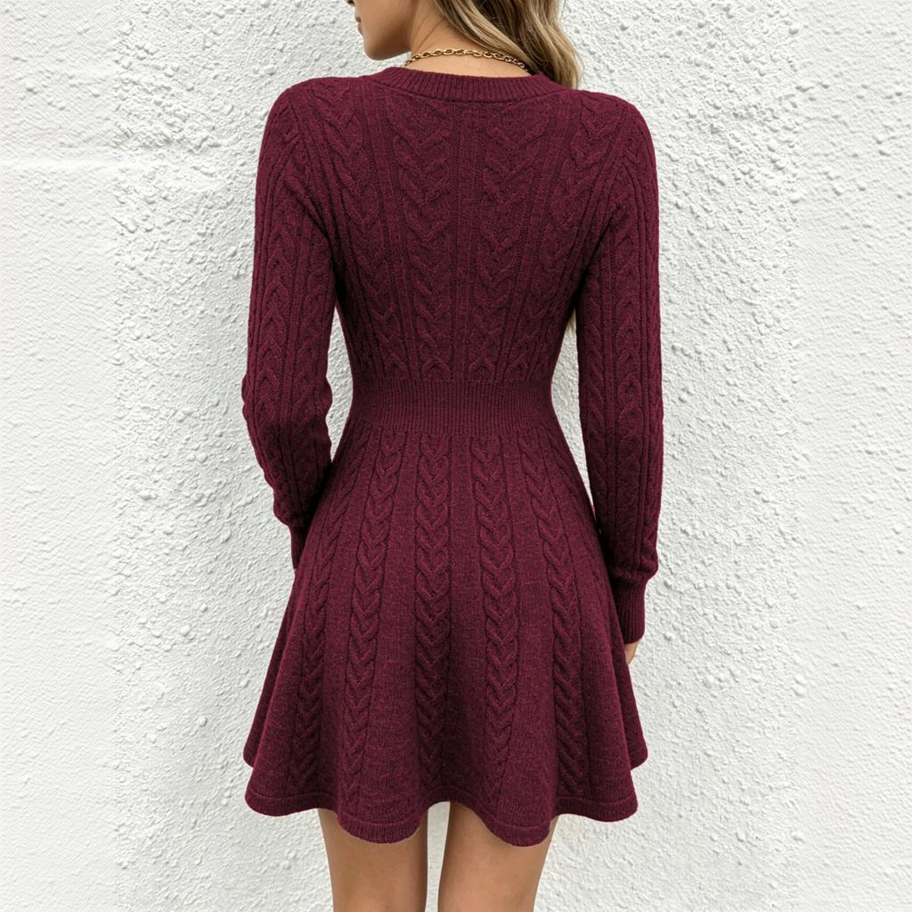Abito Maglione da Donna Scollo a V Lavorazione a Treccia Manica Lunga Vita Elastica Orlo Svasato Maglieria Casual